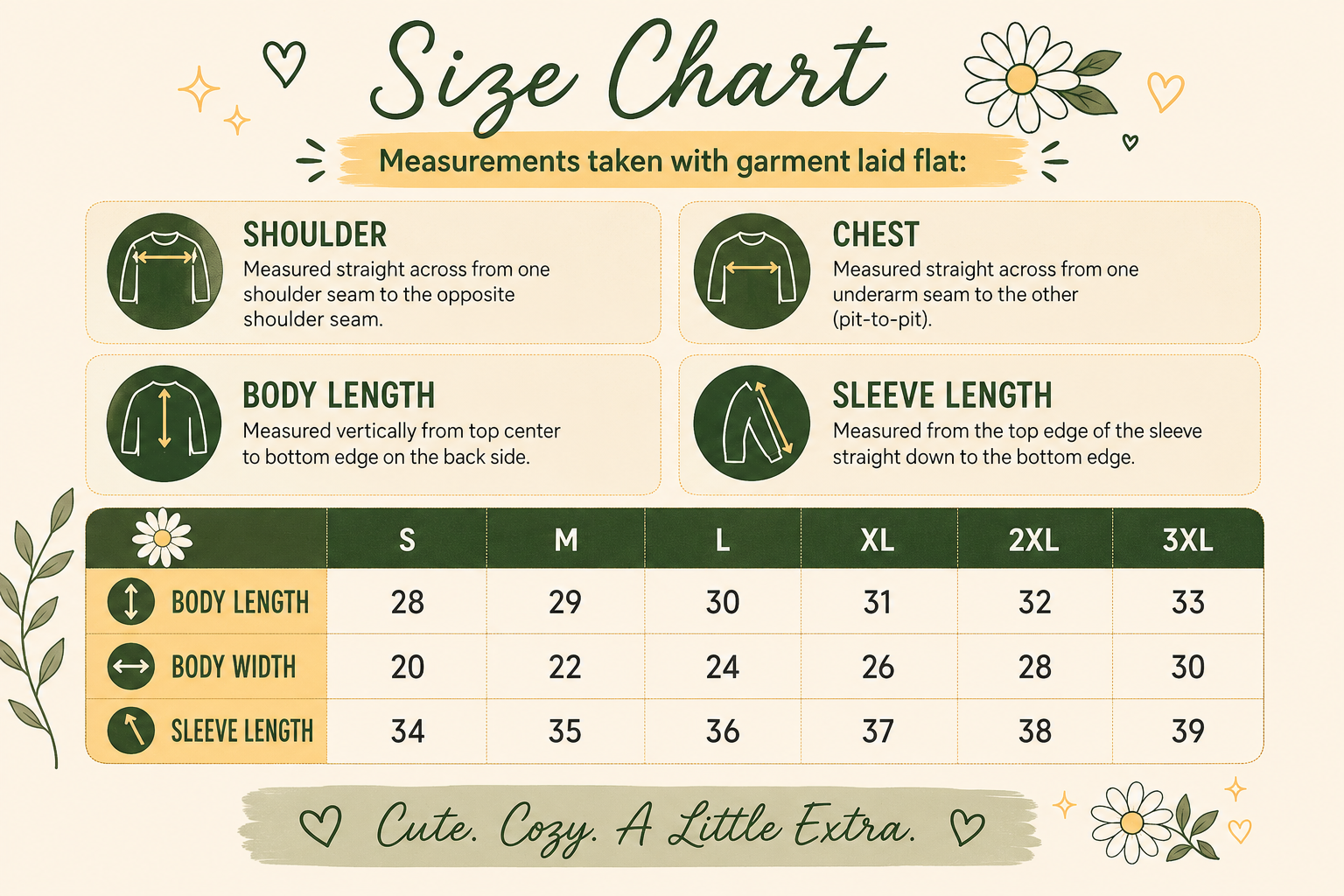 A size chart graphic for apparel with labeled measurement instructions for shoulder, chest, body length, and sleeve length, plus a size table from S to 3XL on a cream background with floral doodles.