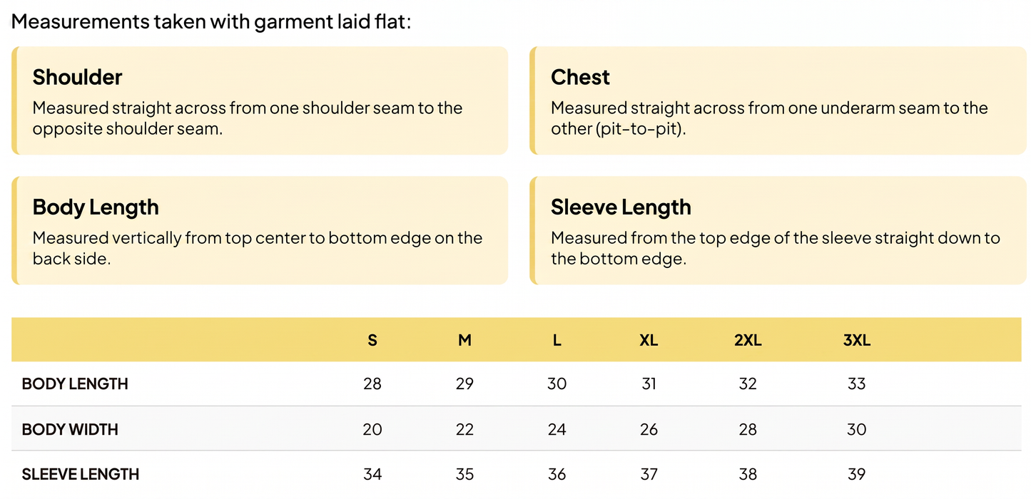 A measurement chart for garments laid flat, showing labeled measurement instructions for shoulder, chest, body length, sleeve length, and body width, with size columns S through 3XL and a table of measurements below.