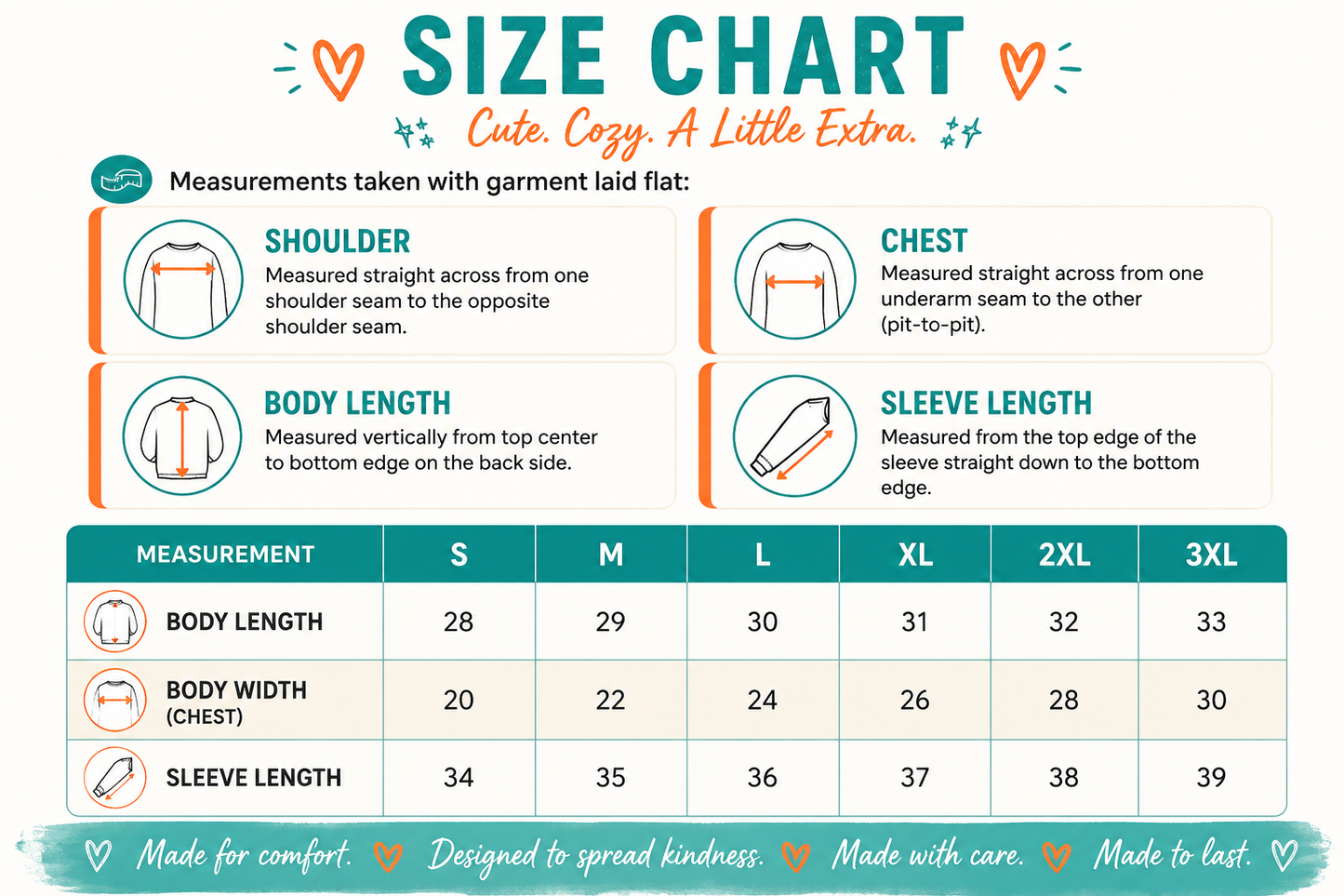 A size chart graphic for 'Cute, Cozy, A Little Extra' apparel, showing measurement instructions and a table with body length, body width, and sleeve length for sizes S through 3XL.