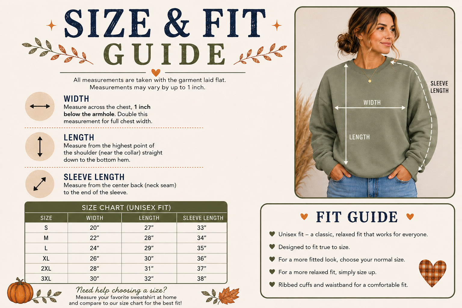Fall Book Lover Sweatshirt size and fit guide with unisex S–3XL measurements and instructions for measuring width, length and sleeve length.