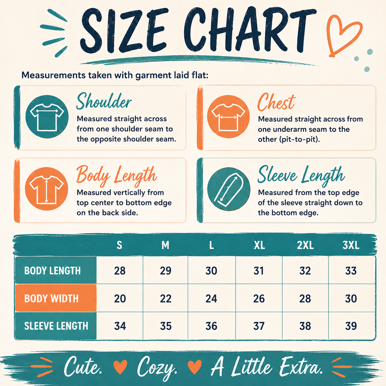 A size chart infographic for apparel measurements, showing labeled instructions for shoulder, chest, body length, and sleeve length, plus a size table from S to 3XL with body length, body width, and sleeve length.
