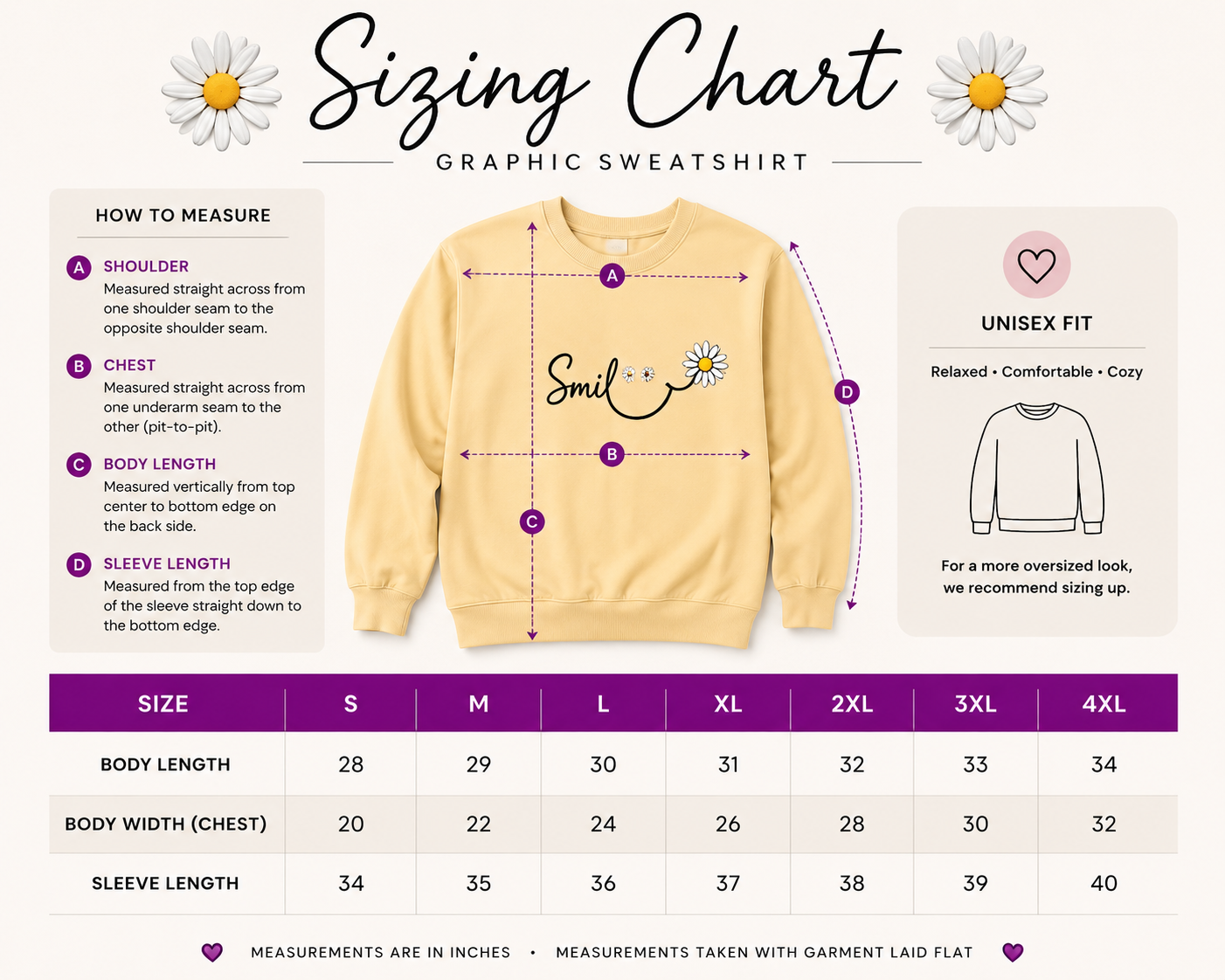A graphic sweatshirt sizing chart infographic showing a pale yellow t-shirt with measurement guides and a size table from S to 4XL.