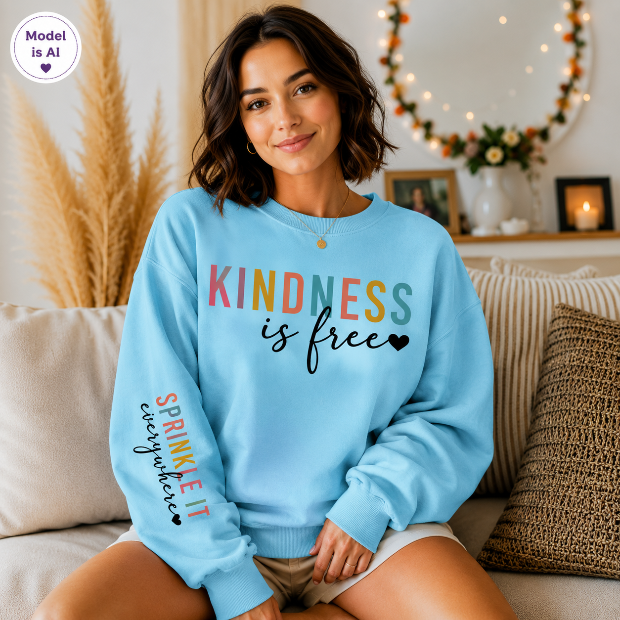 A woman sitting on a couch wearing a light blue crewneck sweatshirt with the text 'KINDNESS is free' and 'SPRINKLE IT EVERYwhere!' printed on the front and sleeve. The background shows a cozy living room setting with a decorated wreath and warm lighting. The Scoobie Shack