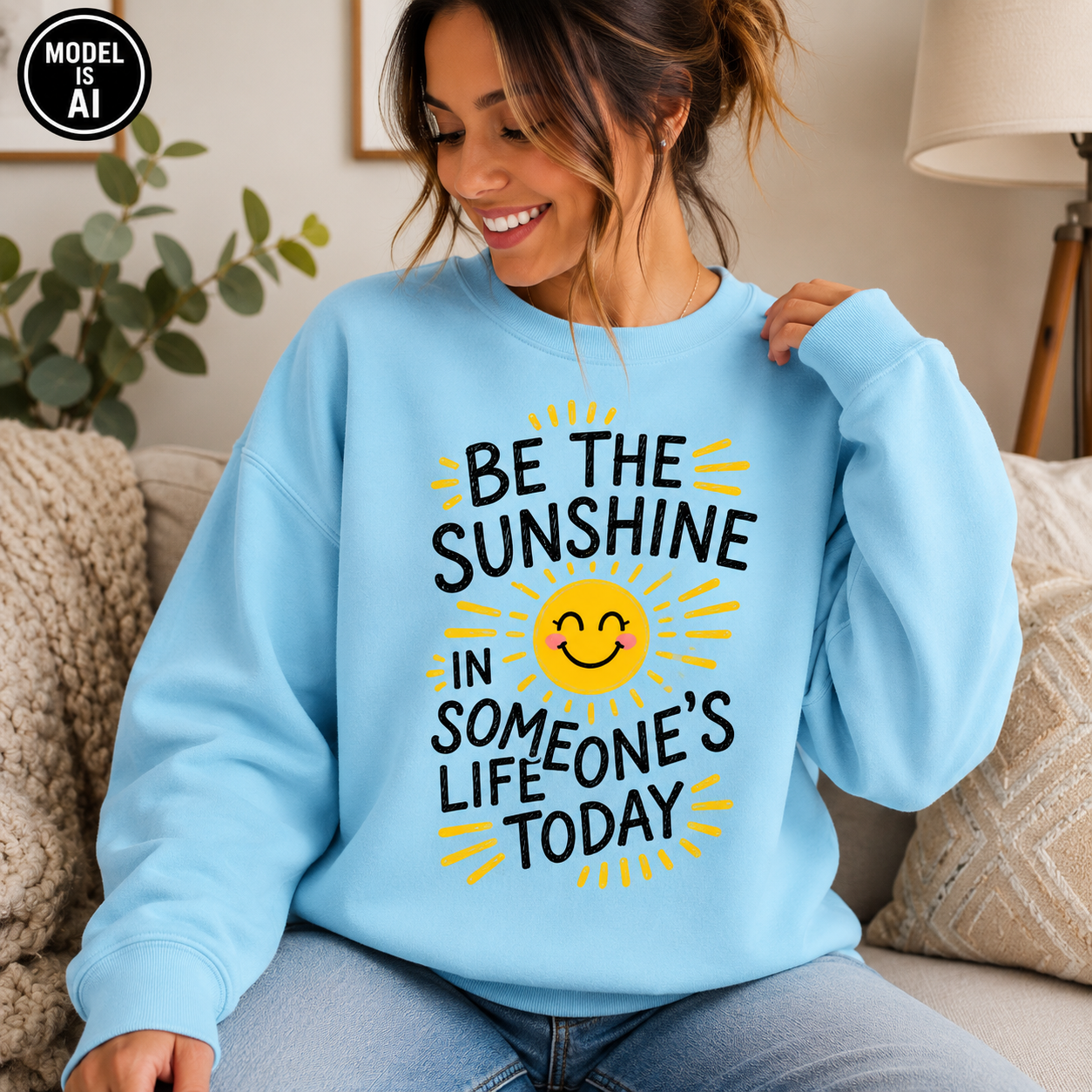 A woman wearing a light blue crewneck sweatshirt with a yellow smiley face sun graphic and the text 'BE THE SUNSHINE IN SOMEONE'S LIFE TODAY' in black. She is sitting on a beige couch in a cozy living room setting.