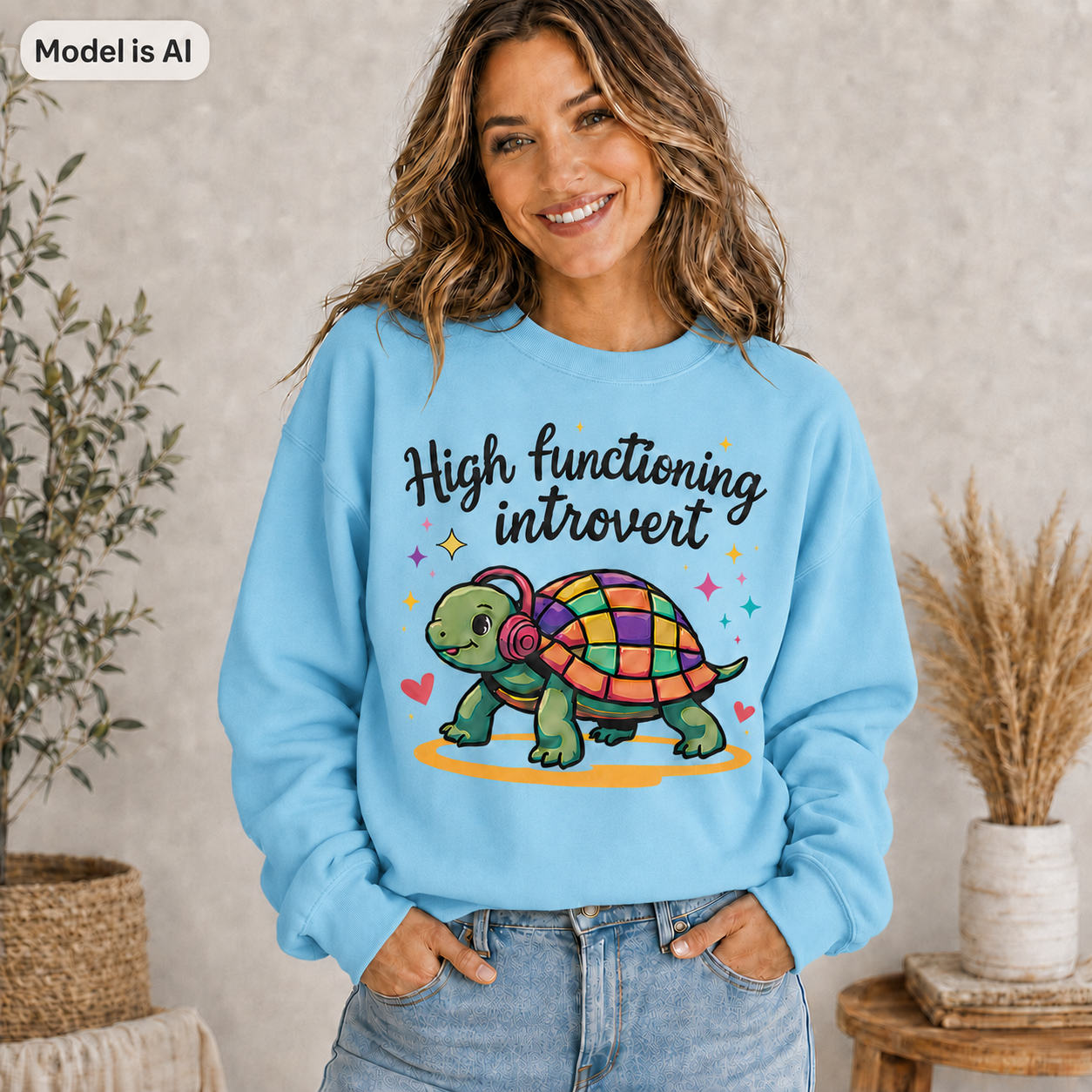 A woman wearing a light blue sweatshirt with a colorful graphic of a turtle and the text 'High functioning introvert'. The image has a 'Model is AI' label in the top-left corner.