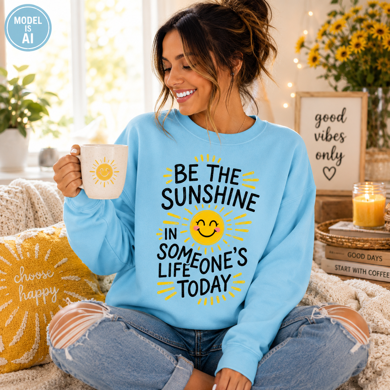 A woman sitting indoors wearing a light blue sweatshirt with a yellow sun graphic and the text 'BE THE SUNSHINE IN SOMEONE'S LIFE TODAY.' She is holding a white mug, with a cozy room setting including a pillow, books, and flowers in the background.