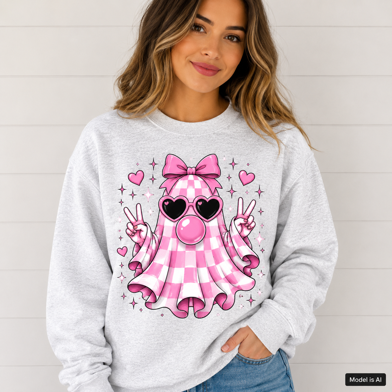 Female model wearing a sport gray cute ghost sweatshirt featuring a pink gingham ghost with bow, heart sunglasses, bubblegum and peace signs.