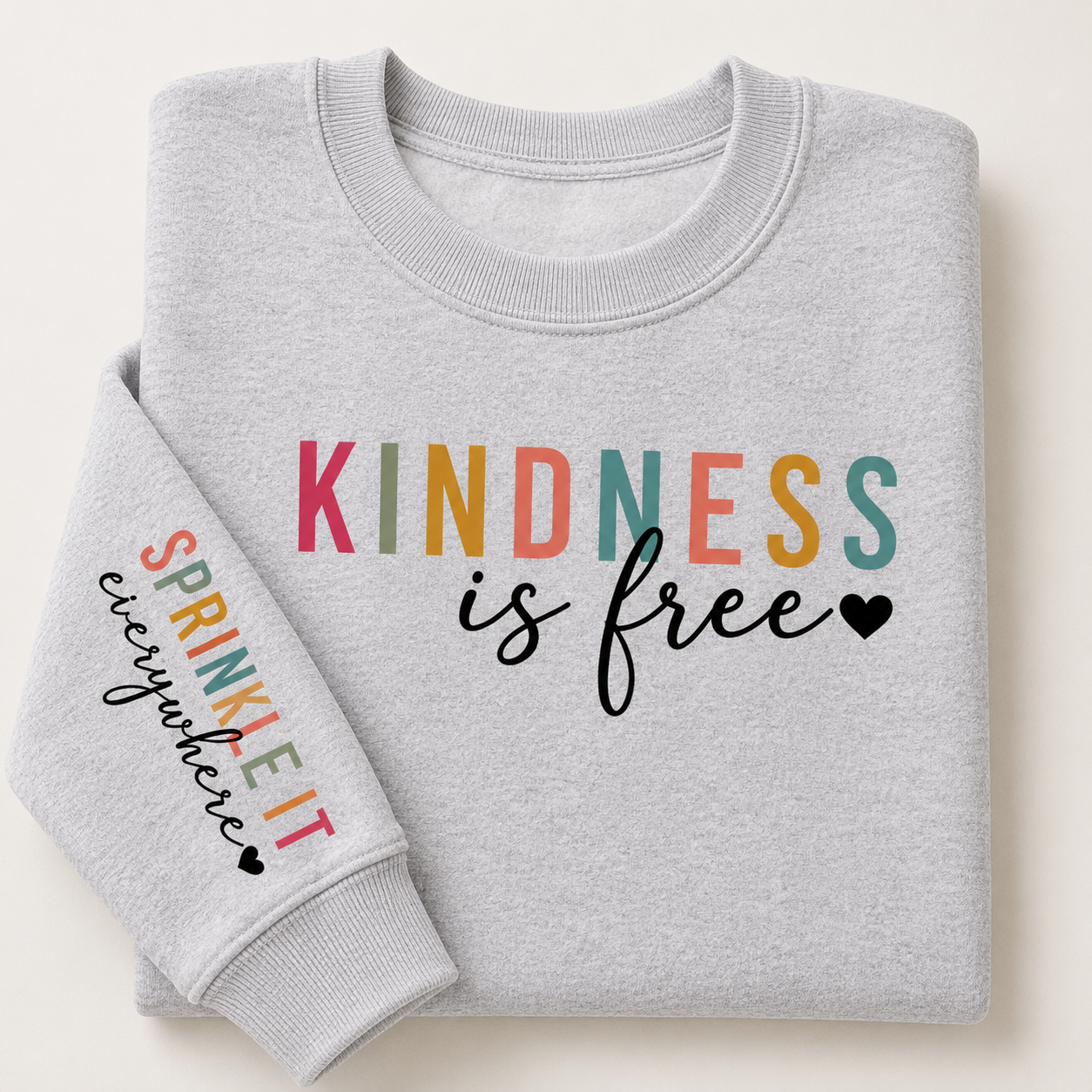 A folded light heather gray sweatshirt on a light beige background. The front has the words 'KINDNESS is free' in multicolored block letters and black script, with a small black heart.