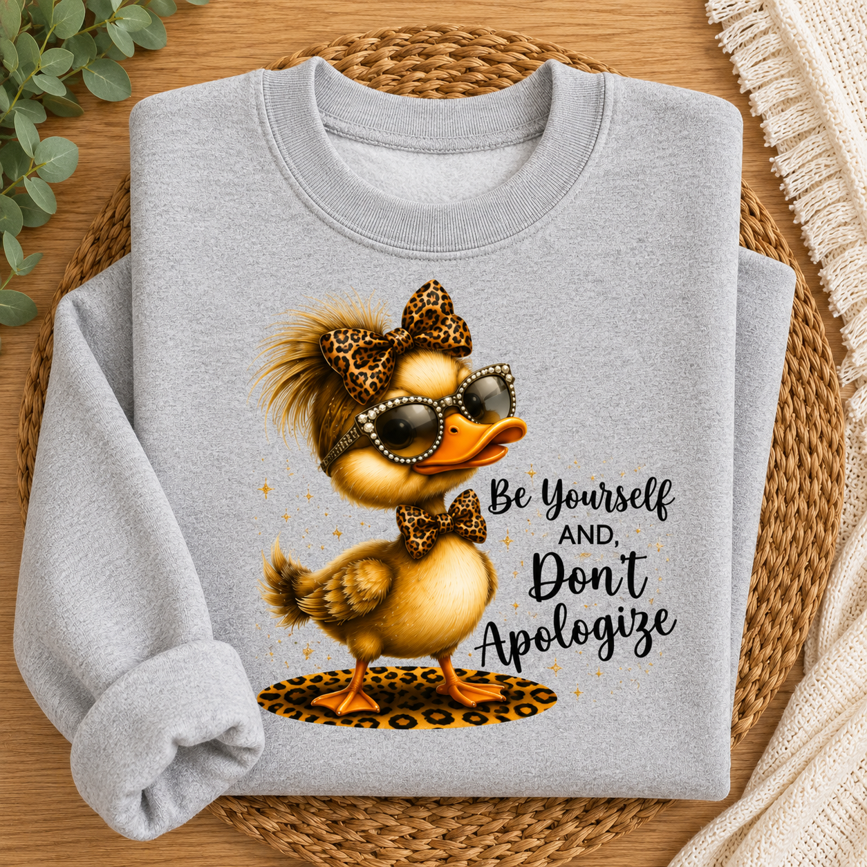 A folded light gray crewneck sweatshirt with a graphic of a stylish duck wearing sunglasses, a leopard-print bow, and a leopard-print base, next to the text 'Be Yourself AND, Don't Apologize'. The sweatshirt is displayed on a woven placemat over a wooden table with decorative greenery and a cream knit blanket.