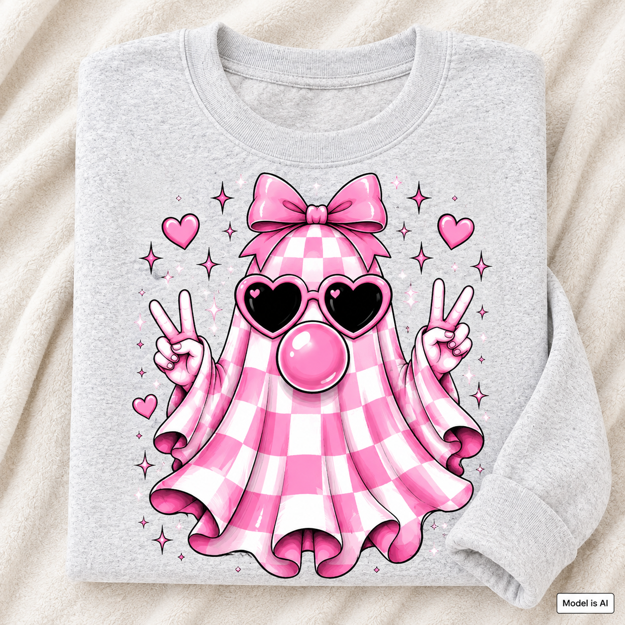 Folded sport gray cute ghost sweatshirt featuring a pink gingham ghost with bow, heart sunglasses, bubblegum and peace signs.
