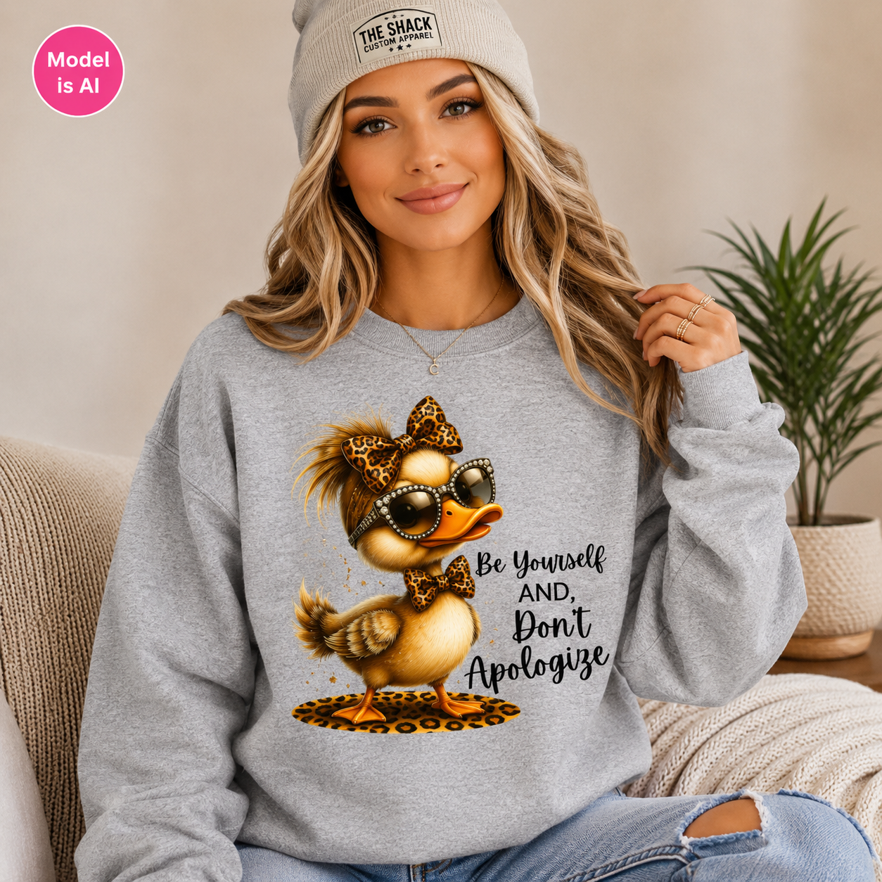 A woman wearing a light gray sweatshirt with a graphic of a stylish duck wearing sunglasses and a bow tie, with the text 'Be Yourself AND, Don't Apologize'. She is also wearing a beige beanie with 'THE SHACK' printed on it.