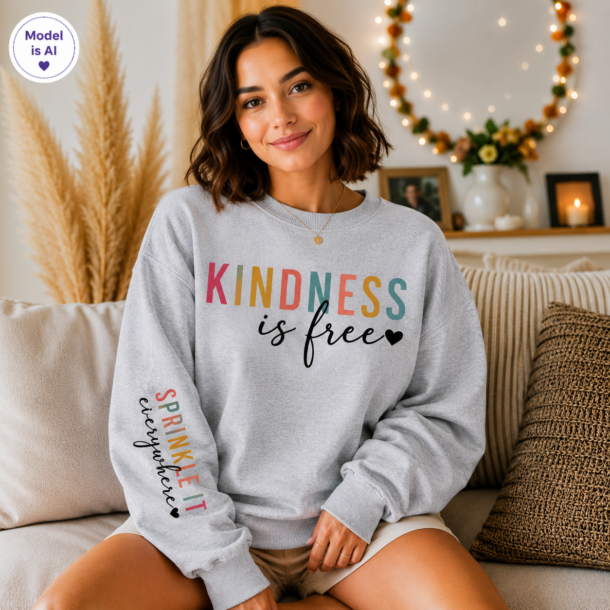 A woman sitting on a couch wearing a light gray sweatshirt with the words 'KINDNESS is free' printed on the front in colorful and black lettering, plus 'SPRINKLE IT everywhere' on the sleeve. The photo is taken in a cozy living room setting with warm lighting and home decor in the background.