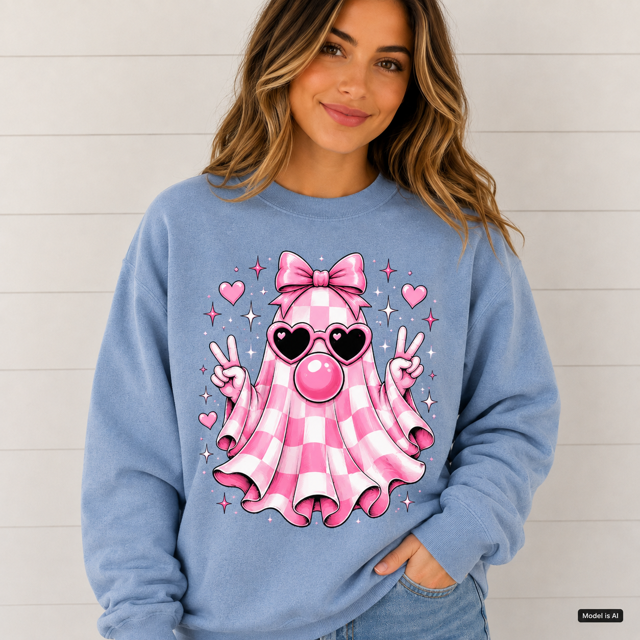 Female model wearing a stone blue cute ghost sweatshirt featuring a pink gingham ghost with bow, heart sunglasses, bubblegum and peace signs.