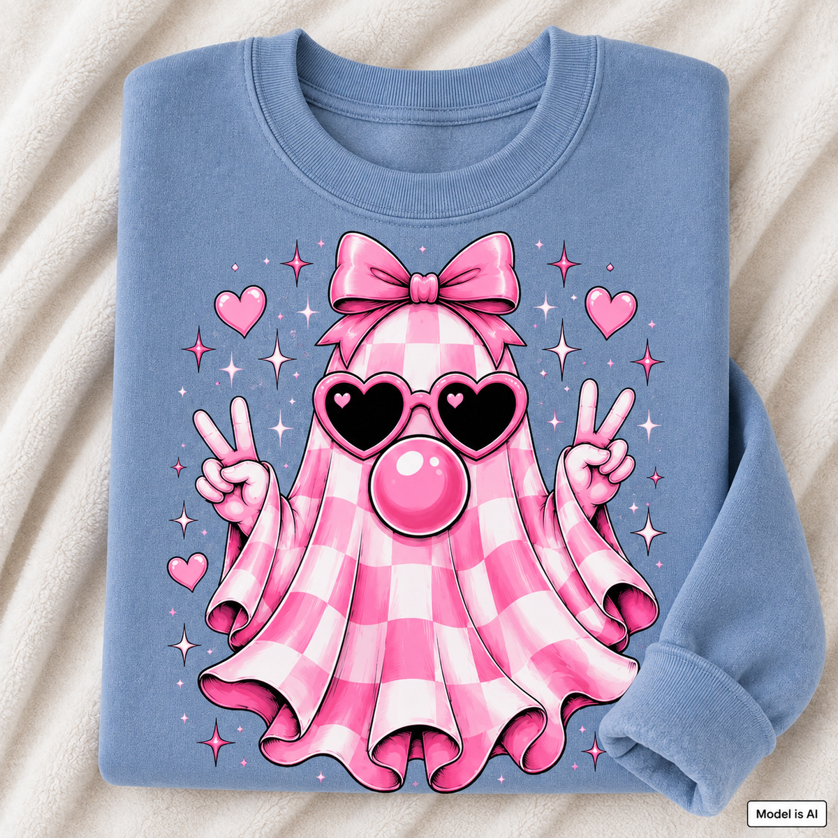 Folded stone blue cute ghost sweatshirt featuring a pink gingham ghost with bow, heart sunglasses, bubblegum and peace signs.