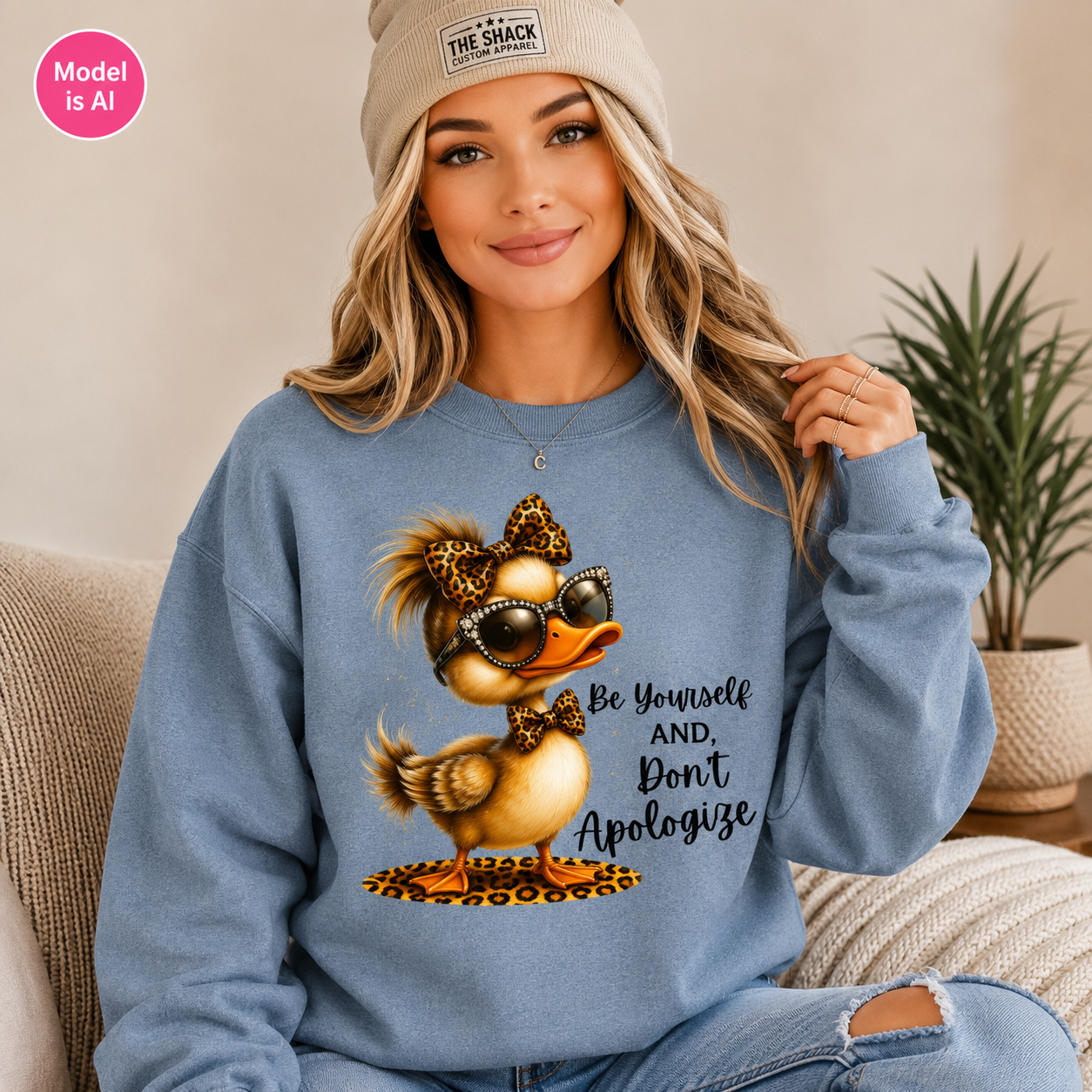 A woman wearing a light blue crewneck sweatshirt with a graphic of two cartoon ducks in leopard-print accessories and the text 'Be Yourself AND Don't Apologize'. She is wearing a beige beanie with 'THE SHACK' logo and sitting on a couch.
