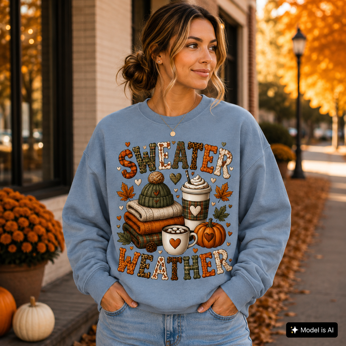 Stone blue Sweater Weather sweatshirt with cozy fall graphic featuring sweaters, coffee drinks, pumpkin and autumn leaves