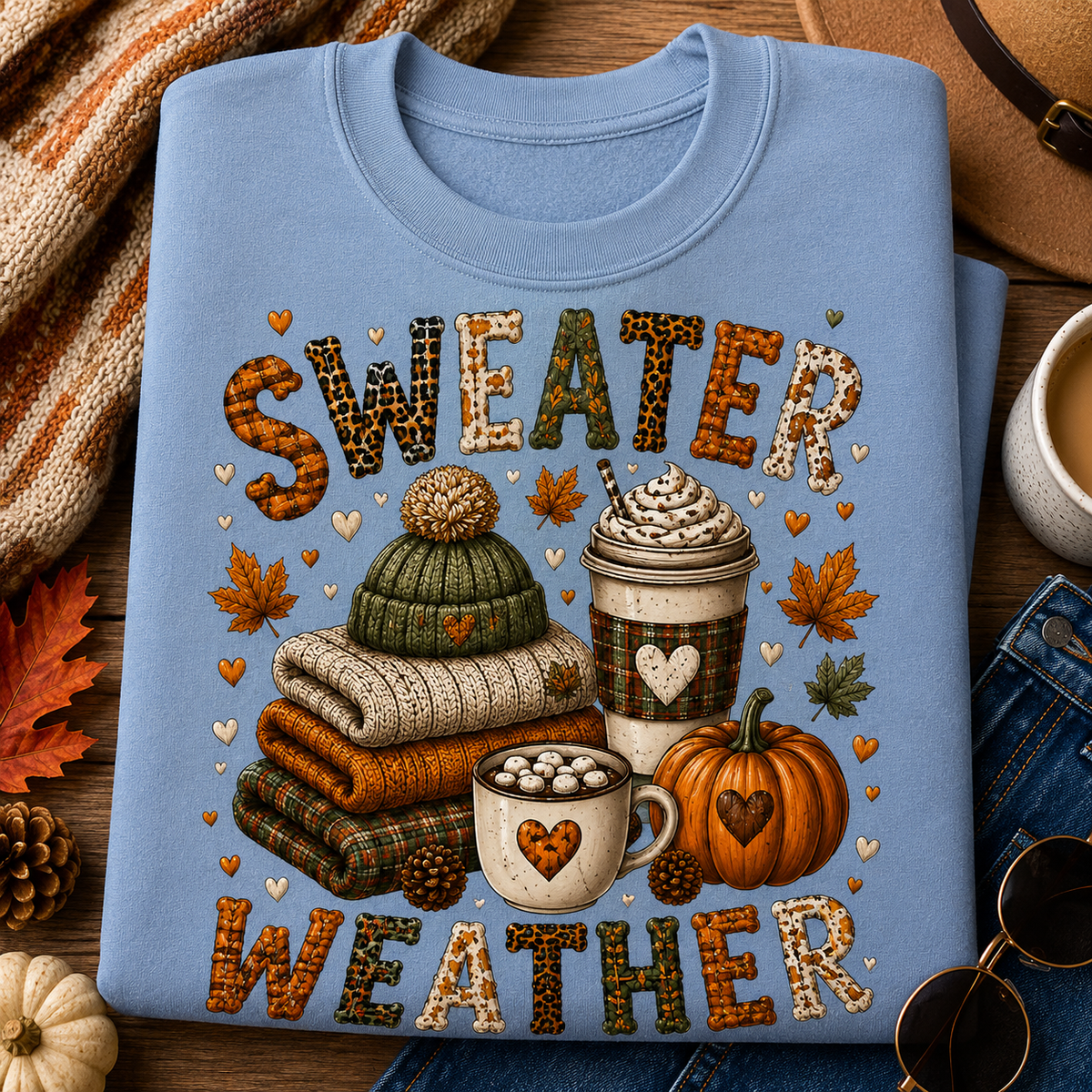 Folded stone blue Sweater Weather sweatshirt with cozy fall graphic featuring sweaters, coffee drinks, pumpkin and autumn leaves