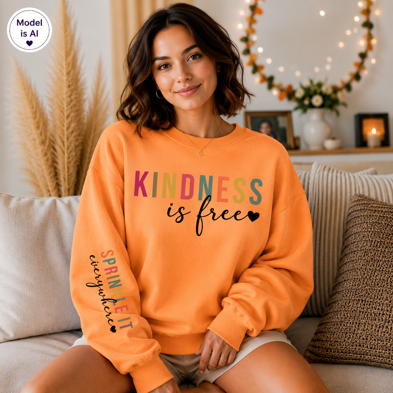 A woman sitting on a couch wearing a bright orange sweatshirt with the text 'KINDNESS is free' in multicolored and black lettering, along with 'SPRIN' on the sleeve. The background shows a cozy living room setting with a lamp, dried grass, and a string light.