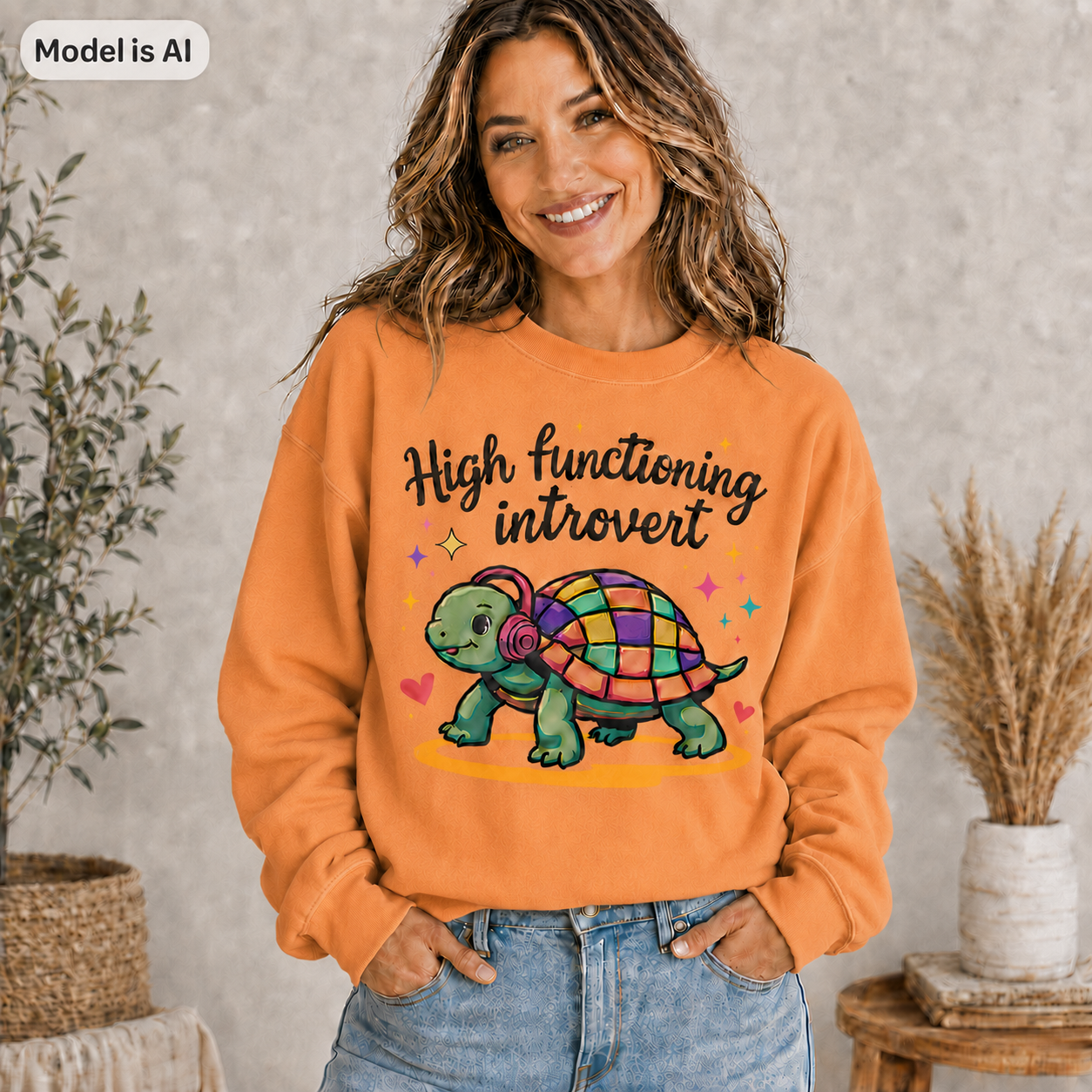 A woman wearing an orange sweatshirt with a colorful graphic of a turtle and the text 'High functioning introvert'. The image has a 'Model is AI' label in the top-left corner and is set in a cozy indoor environment with plants.