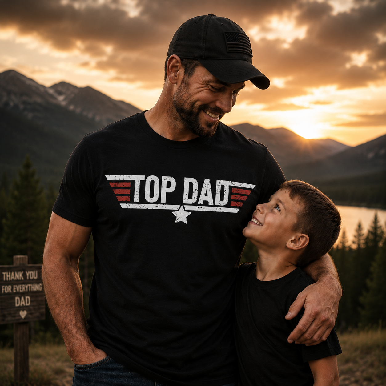 Man and child standing together with a 'Top Dad' shirt at sunset with mountains in the background 
