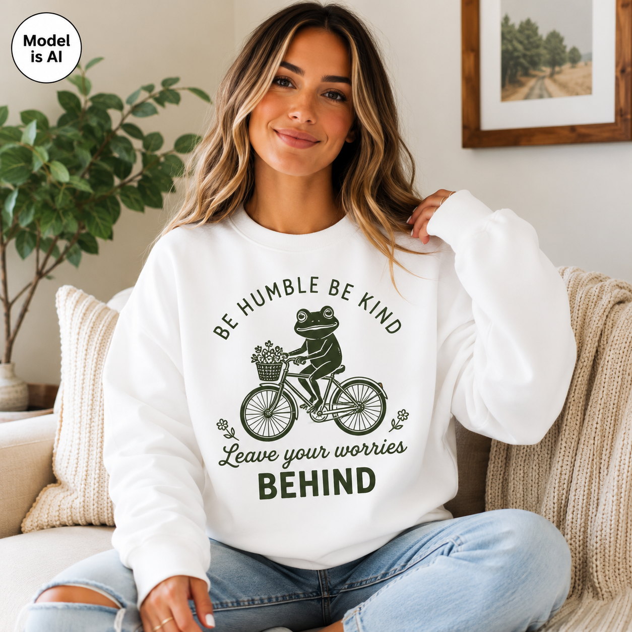 A woman sitting on a beige couch wearing a white crewneck sweatshirt with a dark green graphic of a frog riding a bicycle and the text 'BE HUMBLE BE KIND Leave your worries BEHIND'.