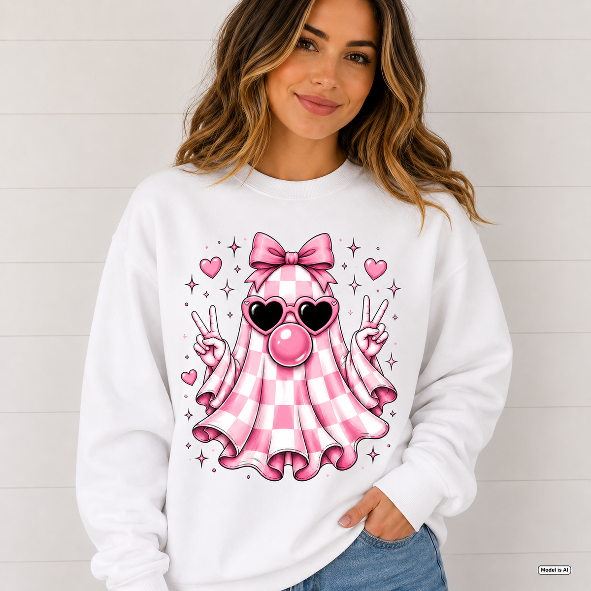 Female model wearing a white cute ghost sweatshirt featuring a pink gingham ghost with bow, heart sunglasses, bubblegum and peace signs.