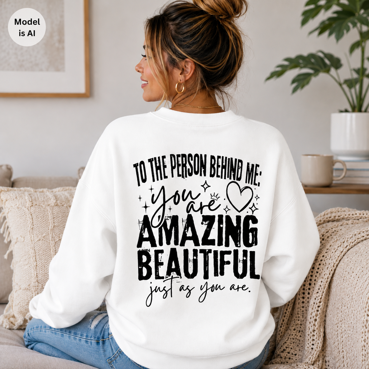 A woman sitting on a couch in a cozy living room, wearing a white sweatshirt with a black printed quote on the back that reads, 'TO THE PERSON BEHIND ME: You are AMAZING BEAUTIFUL just as you are.'.