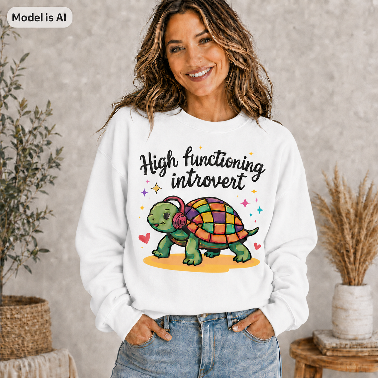 A woman wearing a white crewneck sweatshirt with a colorful graphic of a turtle and the text 'High functioning introvert'. The image has a 'Model is AI' label in the top-left corner and is set against a neutral indoor background with plants.