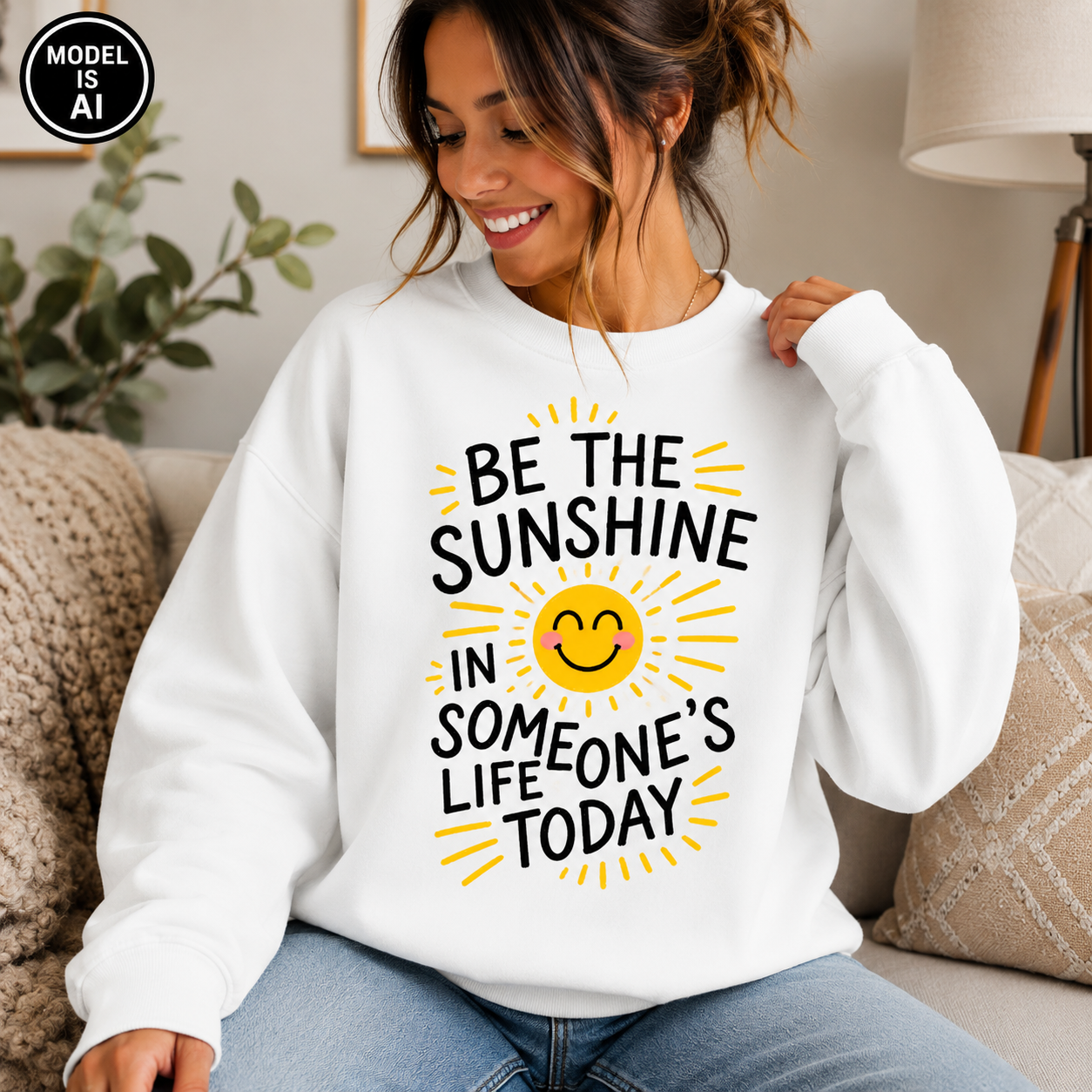 A woman wearing a white crewneck sweatshirt with a yellow and black graphic that reads 'BE THE SUNSHINE IN SOMEONE'S LIFE TODAY'. She is sitting on a beige couch in a cozy living room setting.