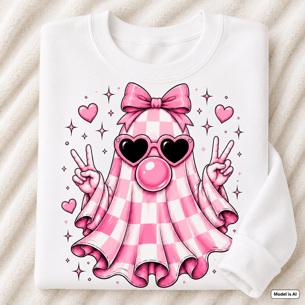 Folded white cute ghost sweatshirt featuring a pink gingham ghost with bow, heart sunglasses, bubblegum and peace signs.
