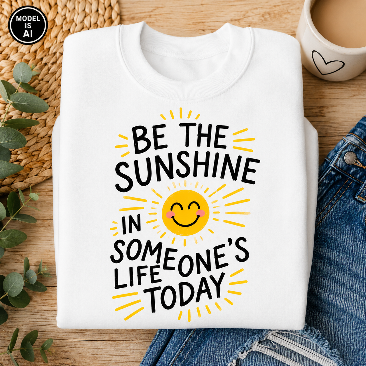 A folded white crewneck sweatshirt with a graphic print reading 'BE THE SUNSHINE IN SOMEONE'S LIFE TODAY' in black text with a yellow smiling sun, styled on a wooden surface with a woven mat, eucalyptus leaves, a coffee cup, and blue jeans.
