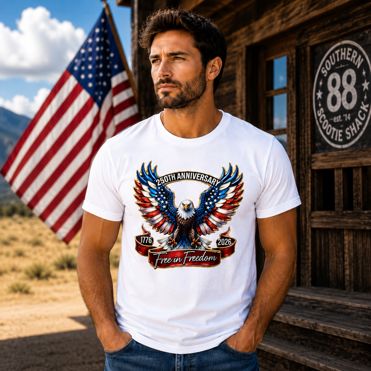 Man wearing a white t-shirt with an eagle design in front of a wooden building and American flag.