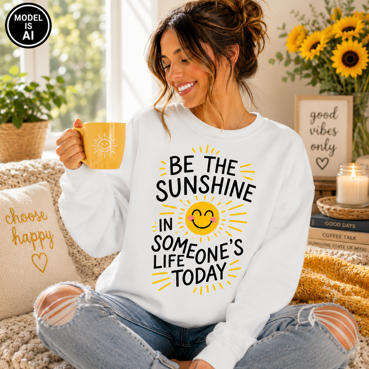 A woman sitting on a couch wearing a white sweatshirt with a yellow and black graphic that reads 'BE THE SUNSHINE IN SOMEONE'S LIFE TODAY' and holding a yellow mug. The scene is a cozy, sunlit living room with sunflowers, a candle, and pillows.