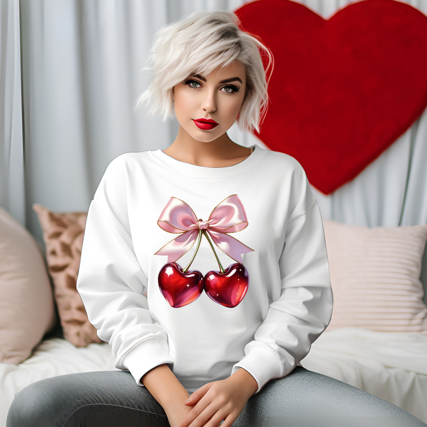 Sweetheart Cherries Bow Valentine Crewneck