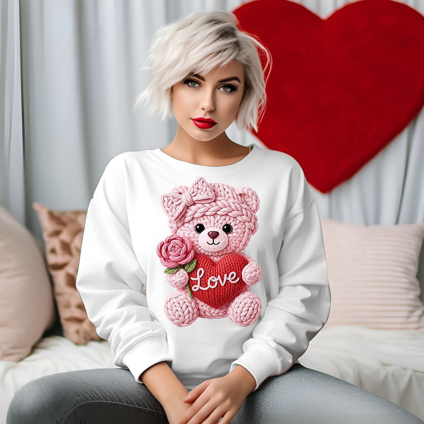 Valentine's Day Teddy Bear Sweatshirt - Knit Love Design