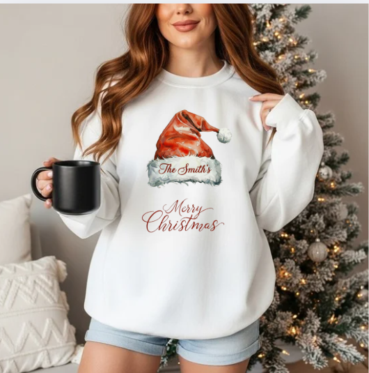 Personalized Merry Christmas Santa Hat Crewneck
