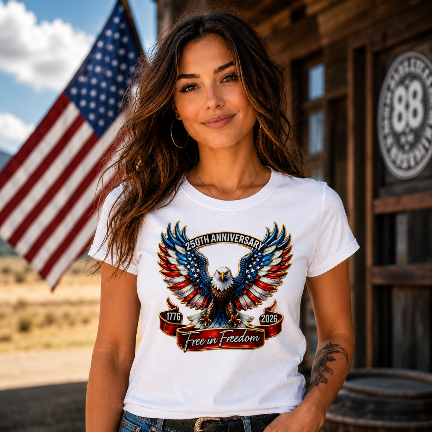 Woman wearing a white t-shirt with an eagle design and text, standing in front of an American flag.