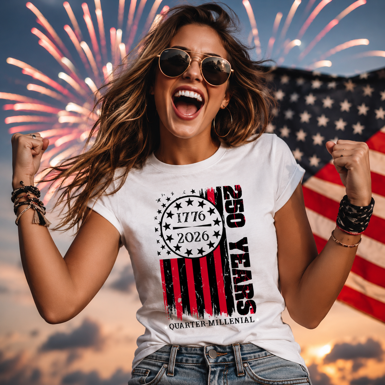 Woman wearing a t-shirt celebrating 250 years with fireworks and an American flag in the background