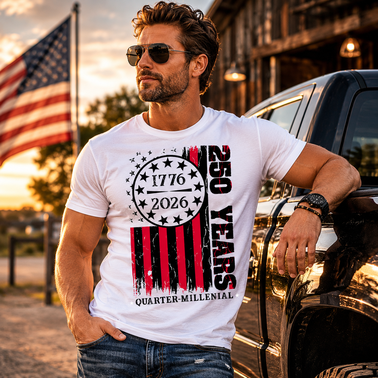 Man wearing a white t-shirt with a 250th anniversary design, leaning against a car with an American flag in the background.