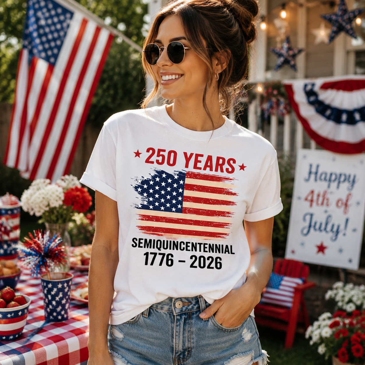 Woman wearing a t-shirt celebrating the 250th anniversary of the American Declaration of Independence, standing outdoors with a decorated setting.
