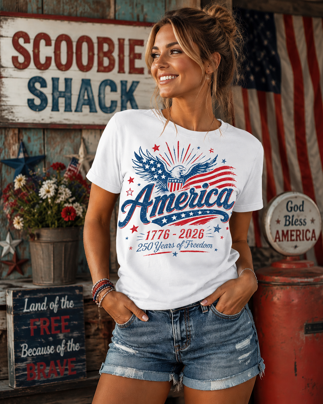 Woman wearing a white t-shirt with 'America 1776-2026' design, standing in front of a rustic wooden wall with American flags and signs.