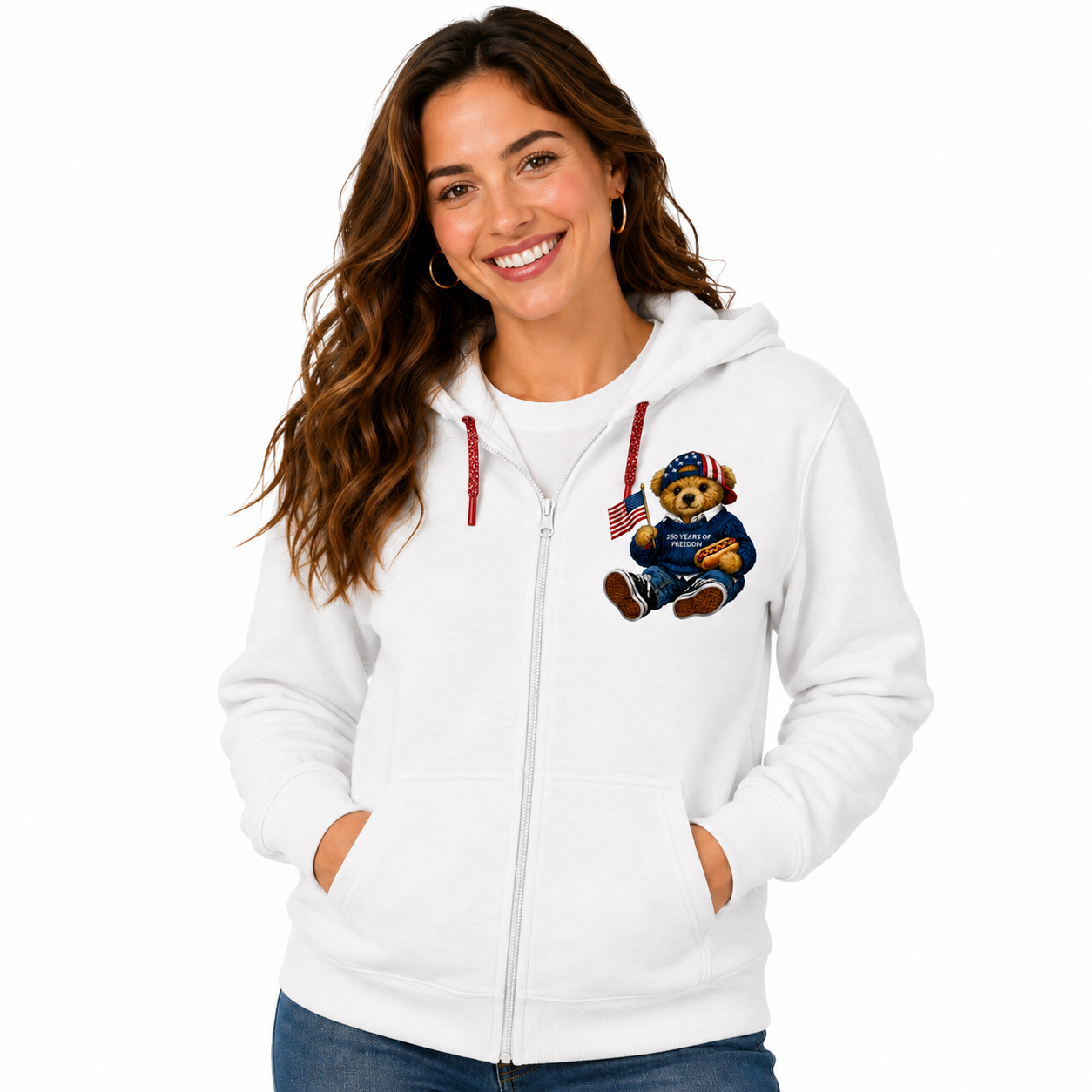 Woman wearing a white hoodie with a bear graphic and American flag on a white background