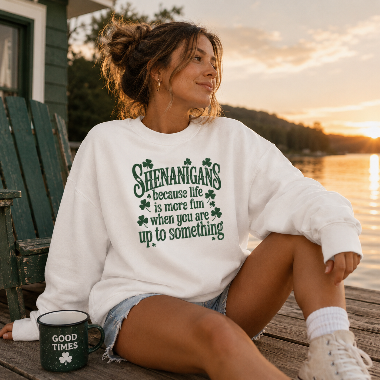 Women's White Shenanigans shamrock crewneck sweatshirt - The Scoobie Shack
