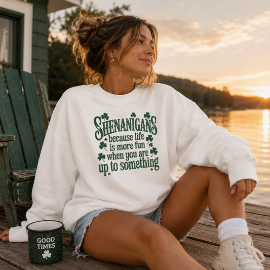 Women's White Shenanigans shamrock crewneck sweatshirt - The Scoobie Shack