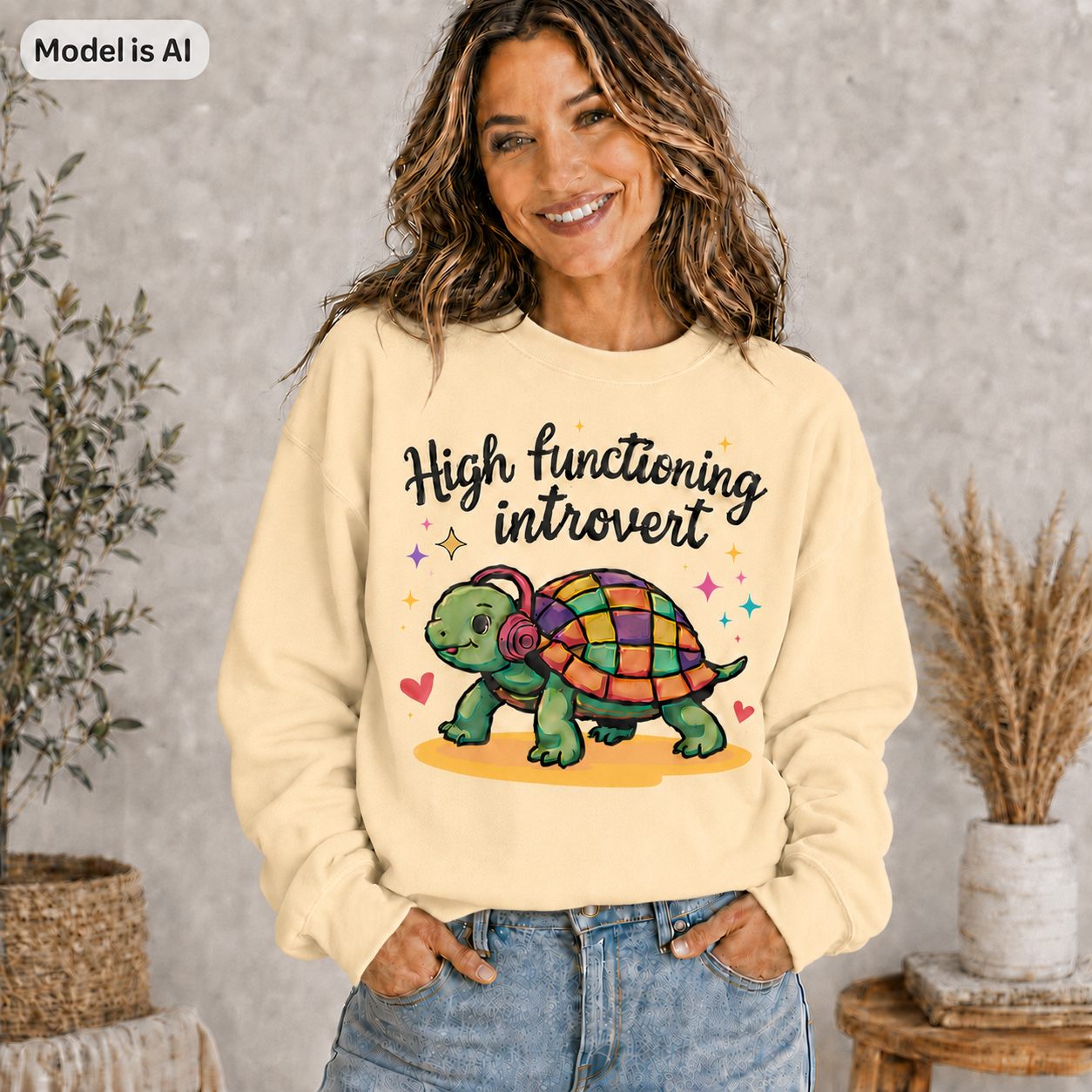 A woman wearing a cream-colored sweatshirt with a colorful graphic of a turtle and the text 'High functioning introvert'. The image has a 'Model is AI' label in the top-left corner and is set in a styled indoor environment with plants.