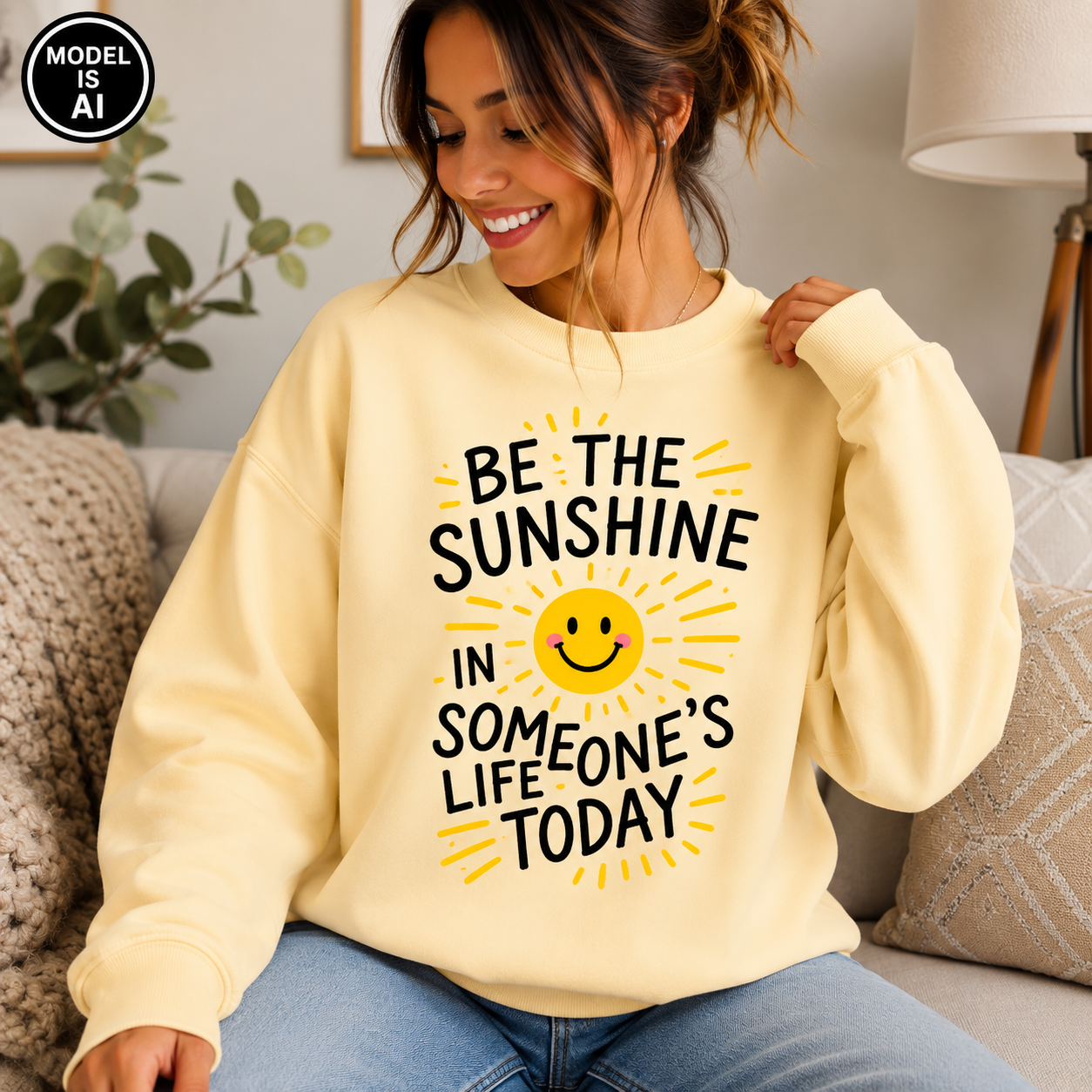 A woman sitting on a couch wearing a pale yellow sweatshirt with a graphic that reads 'BE THE SUNSHINE IN SOMEONE'S LIFE TODAY' around a smiling sun face. The photo is taken in a cozy indoor setting with a lamp and plant in the background.