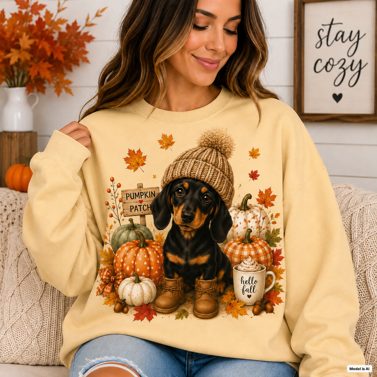 Woman wearing a Yellow Haze Fall Dachshund Sweatshirt featuring a dachshund in a knit hat and boots surrounded by pumpkins and autumn leaves.