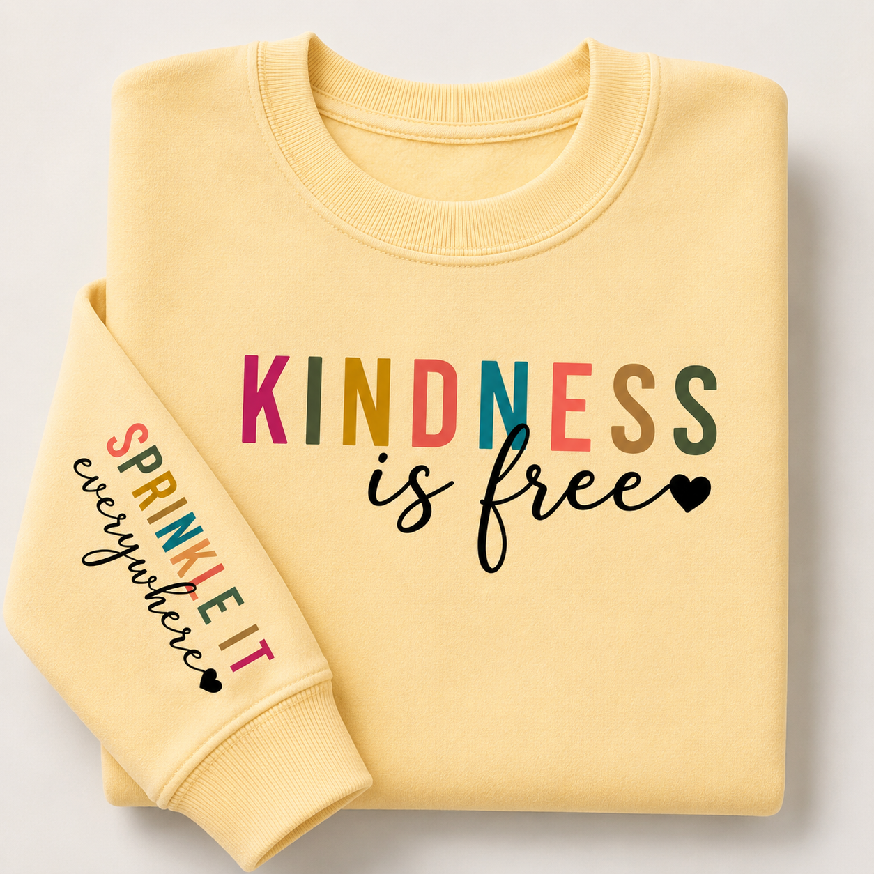 A folded pale yellow sweatshirt on a light gray background. The front reads 'KINDNESS is free' in multicolored and black lettering, and the sleeve reads 'SPRINKLE IT everywhere' with multicolored text and a small black heart.