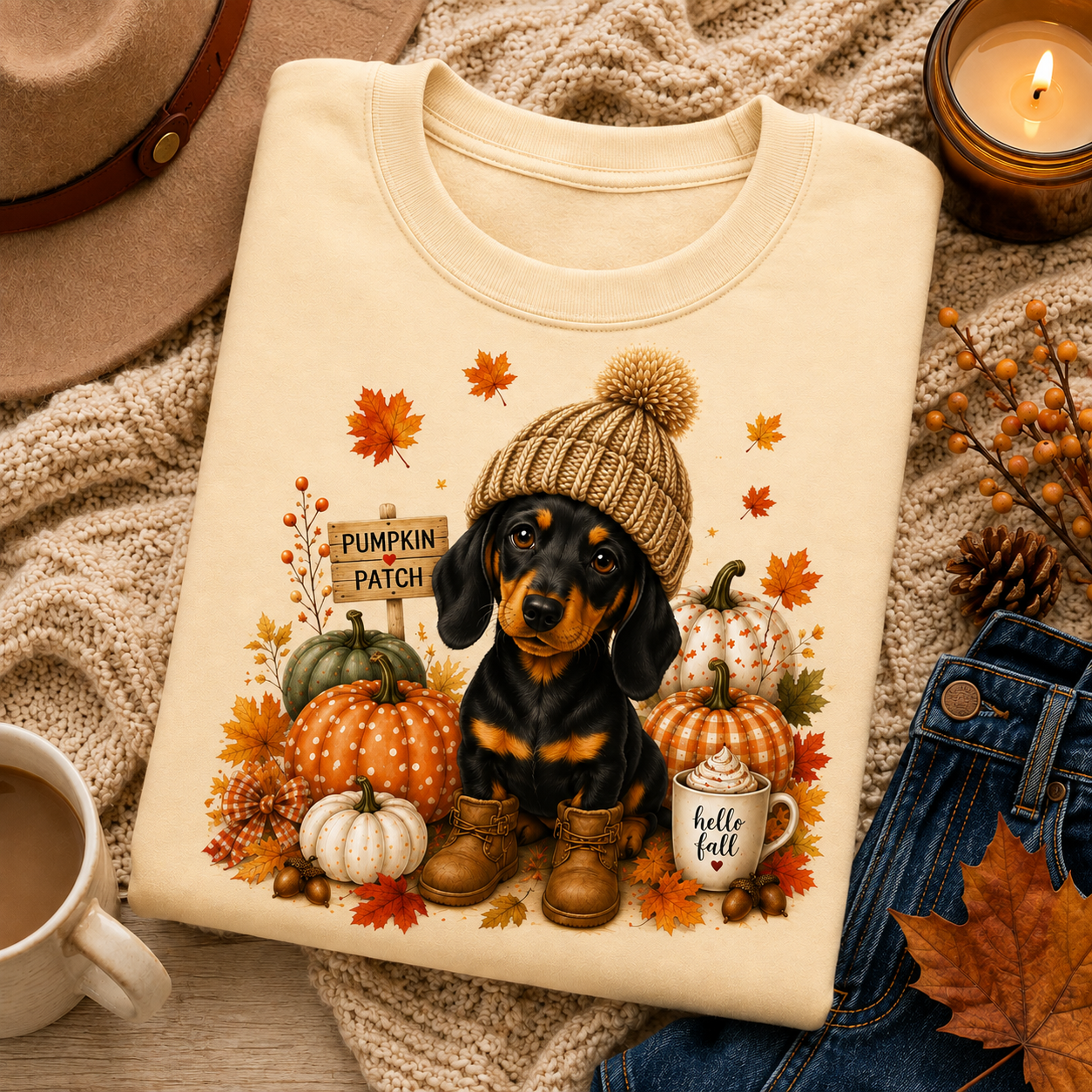 Folded Yellow Haze Fall Dachshund Sweatshirt with a pumpkin patch dog graphic, autumn pumpkins, colorful leaves, and a hello fall mug.