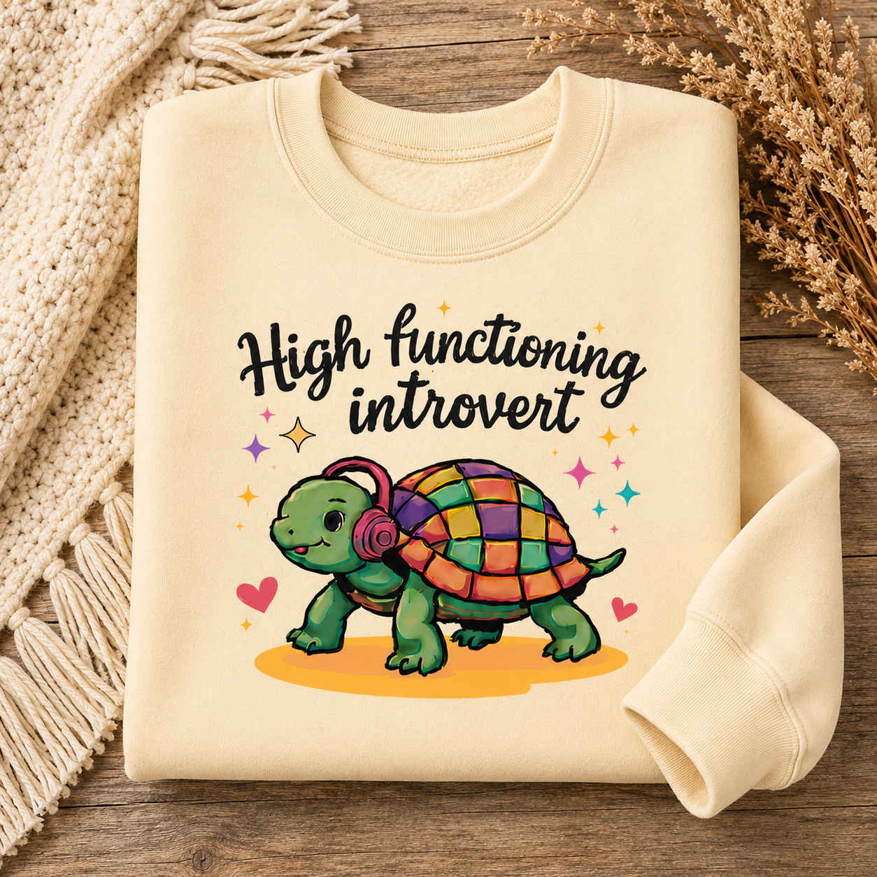 A cream-colored crewneck sweatshirt laid flat on a rustic wooden surface, styled with a beige knit blanket on the left and dried flowers on the right. The sweatshirt features a graphic of a green turtle with a colorful checkered shell wearing pink headphones, with the text 'High functioning introvert' written above it.